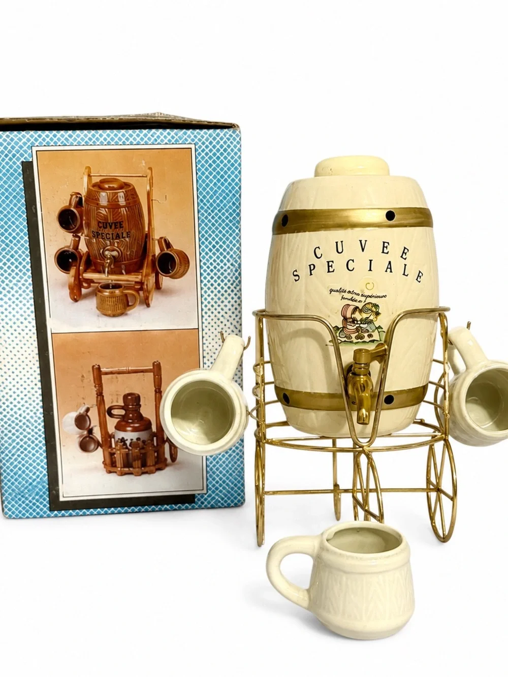 Vintage 70s CUVEE SPECIALE Ceramic Barrel Dispenser - 3 Mugs - Gold Cart - Origi
